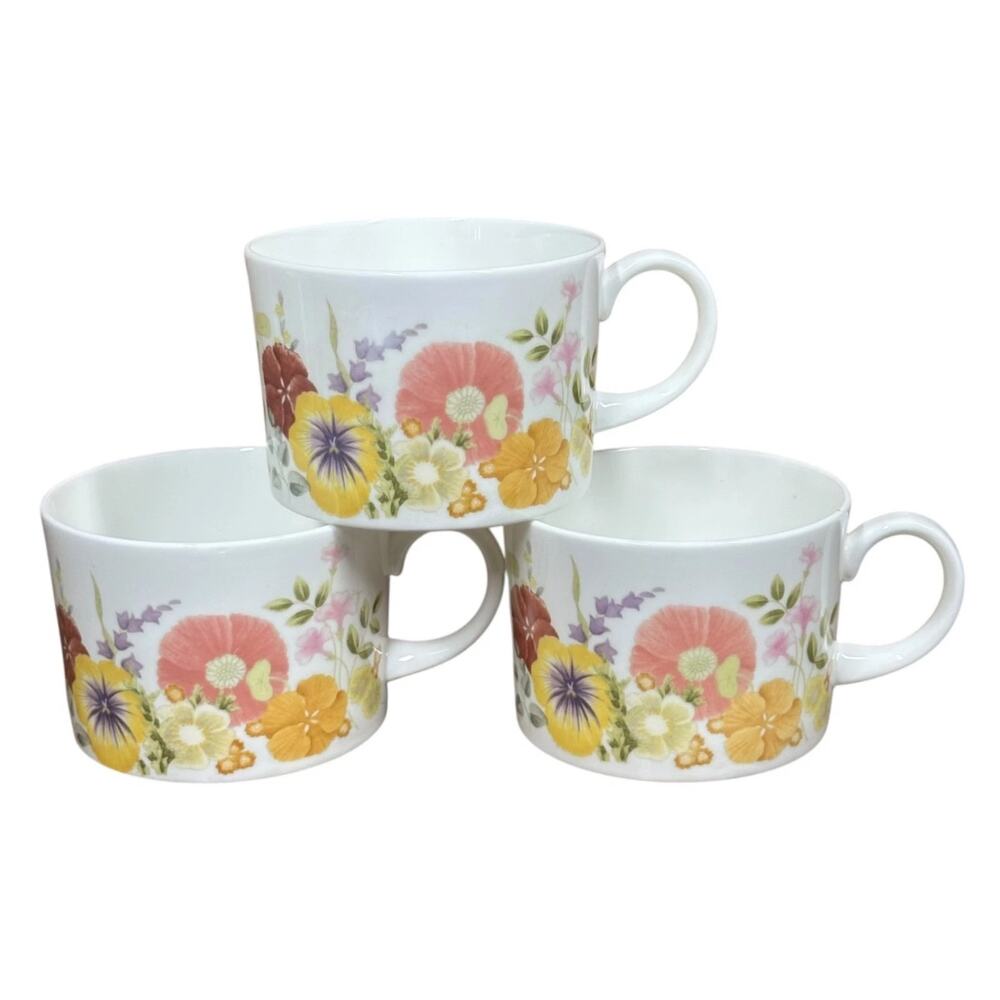 Vtg Wedgwood‎ Summer Bouquet 6 oz Flat Tea Cups Mugs Set of 3 Floral